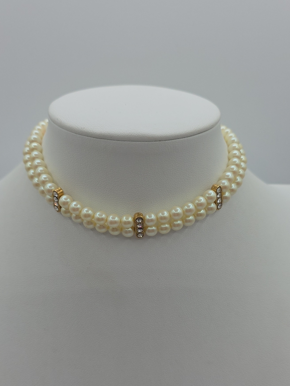 1928 Cream Pearl Double-Strand Necklace with Gold and Crystal Accents